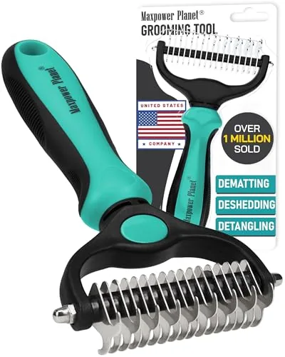Maxpower Planet double sided pet brush in turquoise on a table