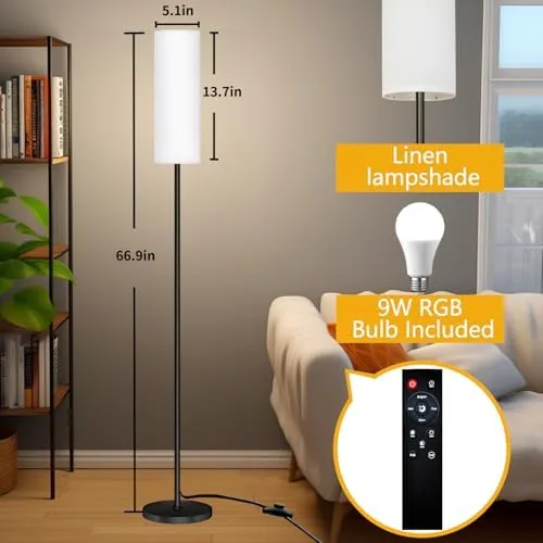 Close up of the matte black pole and the white fabric shade of the floor lamp