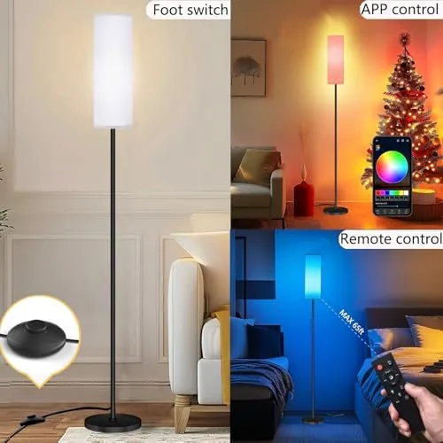 The lamp showing a warm white glow in a bedroom reading corner