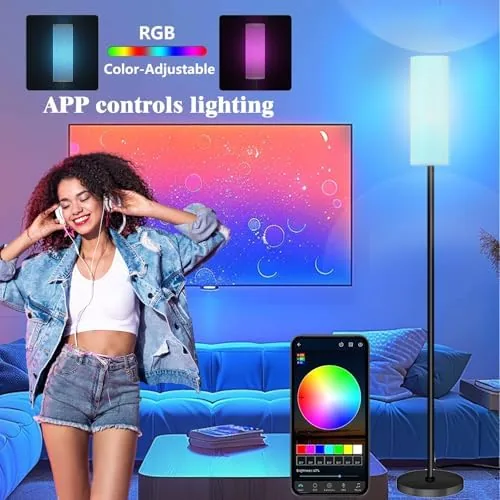 The lamp casting a soft RGB color wash across a living room corner in the evening