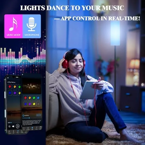 The smart floor lamp beside a lamp with a smart bulb and a mounted light strip
