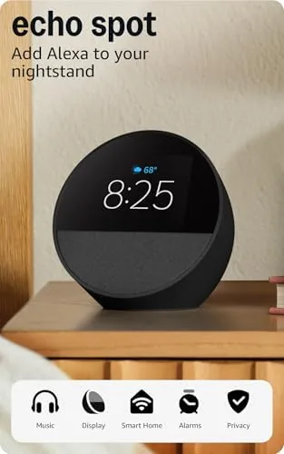 Amazon Echo Spot sitting on a bedside nightstand