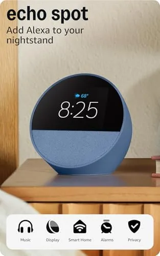 The Echo Spot in Ocean Blue showing a clock face on the front of the rounded body
