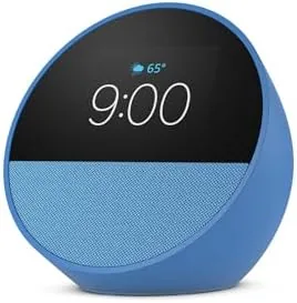 A close view of the Echo Spot screen showing the time, weather, and room temperature