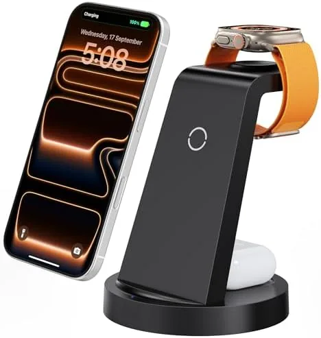 The Anlmz 3 in 1 charging station on a nightstand with an iPhone, watch, and AirPods