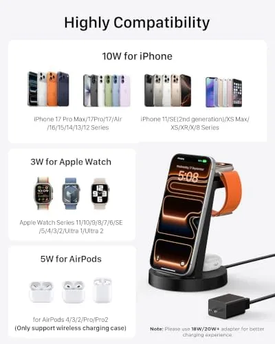 The charging station at night with all three devices charging and the indicator light on