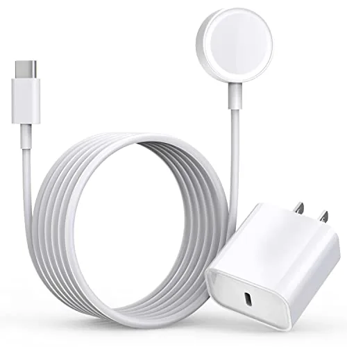 The Fast Apple Watch charger with the USB C adapter and the long cable on a nightstand