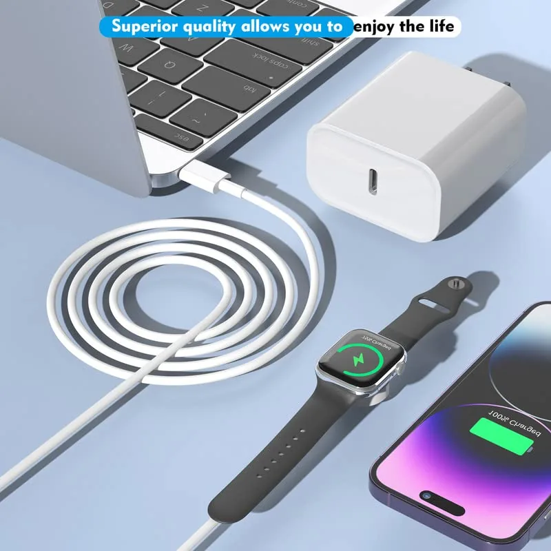 The watch charging on the puck beside a bed with the long cable reaching the outlet