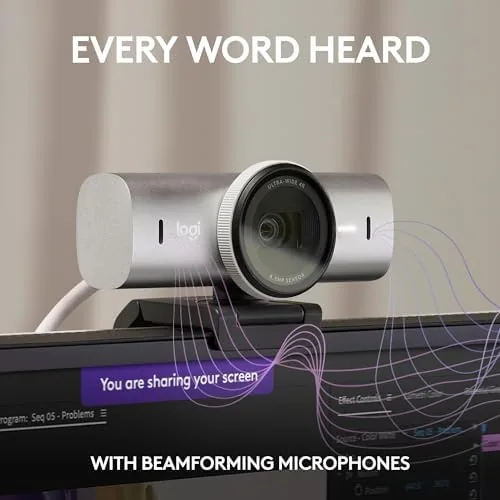 The MX Brio clamped onto a monitor during a video call with a colleague