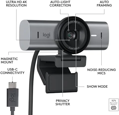 The Logitech MX Brio set up on a home office desk