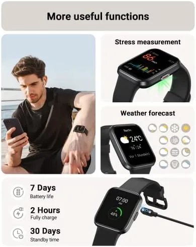 Charging dock beside the watch showing the magnetic puck