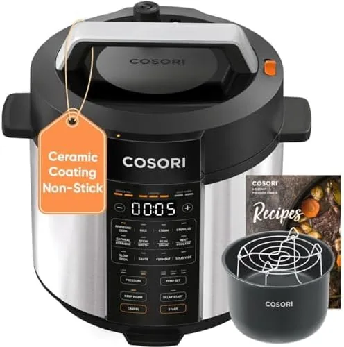 Cosori 6 quart pressure cooker on a kitchen counter with the lid on