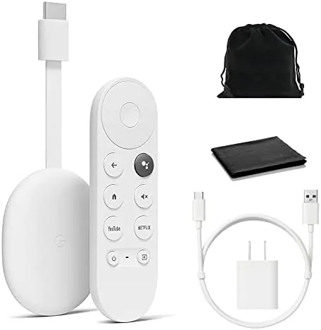 The white Google Chromecast dongle with Google TV connected to a television