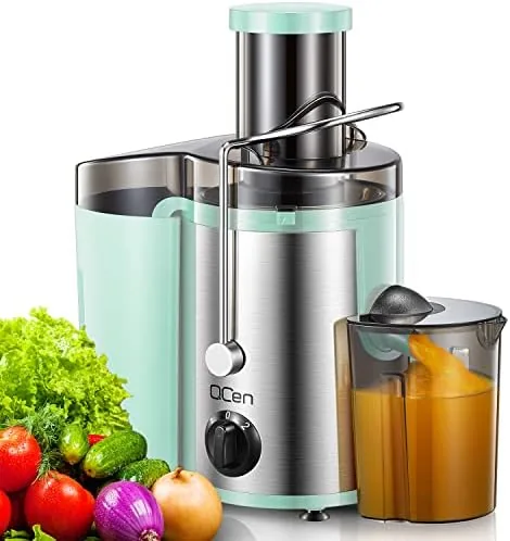QCen 500W centrifugal juicer in Aqua sitting on a kitchen counter