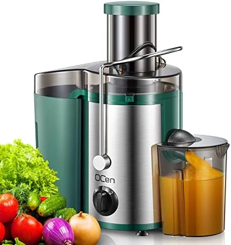 QCen 500W juicer in Green on a kitchen counter beside fresh fruit