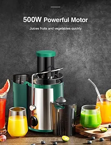 Green QCen juicer compared with a narrow chute budget model
