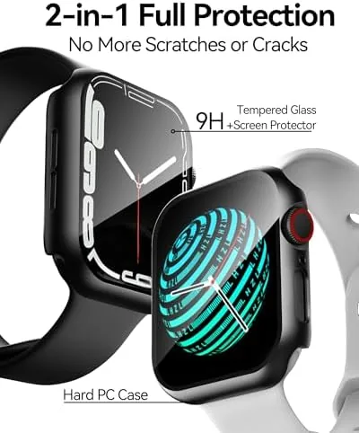 The black case fitted onto the 44mm Apple Watch showing the open crown area