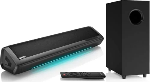 The Saiyin sound bar with its subwoofer set up in front of a television