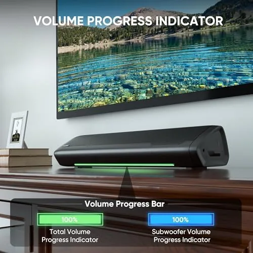 The sound bar in use during a movie scene with the subwoofer nearby