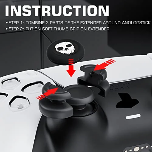 A DualSense controller with the ghost white extenders fitted to both sticks