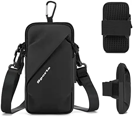 The phone holder arm band and crossbody holster bag laid out together in black