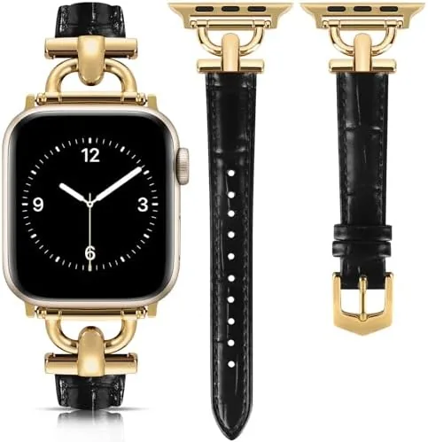 The leather Apple Watch band in black with gold hardware displayed flat