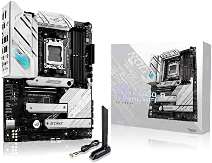 ASUS ROG Strix B650-A Gaming WiFi motherboard in white and silver laid out on a desk