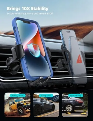 A thick cased smartphone resting securely inside the wider clamp of the holder