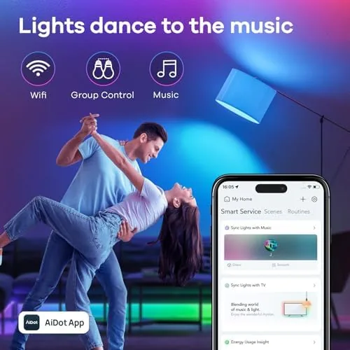 A family scene with Linkind bulbs providing colorful ambient light in a living room