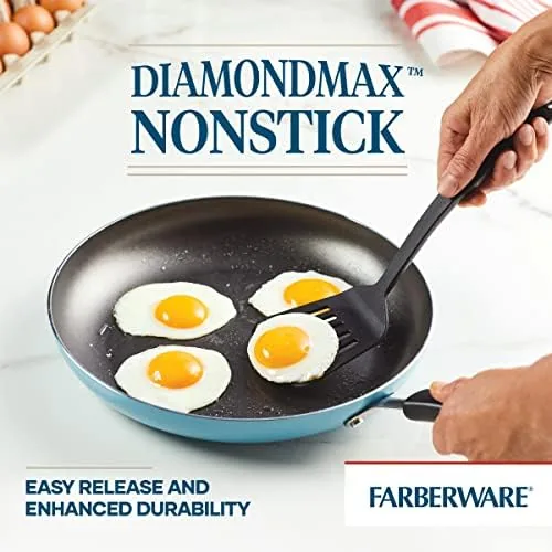 Golden brown pancakes cooking in the wide Farberware skillet