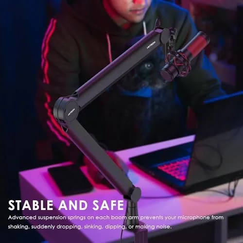 The Premium Microphone Boom Arm with Desk Mount, 360° Rotatable, Fully in real use