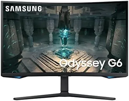 Samsung Odyssey G65B curved monitor on its stand with the rear lighting ring visible