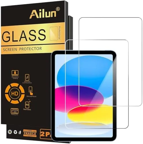 Ailun tempered glass screen protector kit laid out with cloth and cleaning wipes