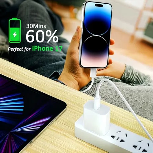 iPad and phone charging together from the two USB C cables