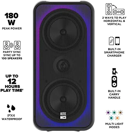 Detail shot of the Altec Lansing - Portable Bluetooth Speaker, 180W RMS, Deep Bass Subwoofer features
