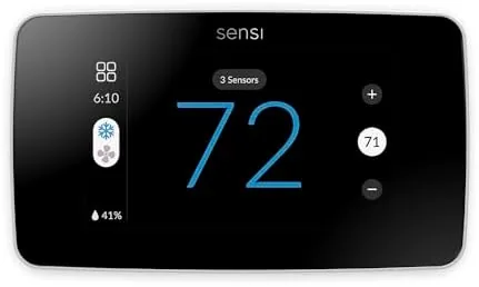 The Sensi Touch 2 thermostat mounted on a living room wall
