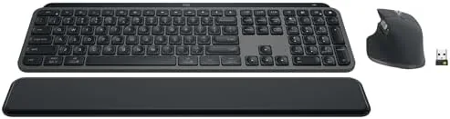 Logitech MX Keys S Combo keyboard, mouse, and palm rest on a desk
