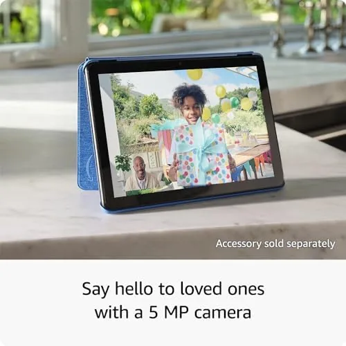 Fire HD 10 tablet with its accessories on a nightstand