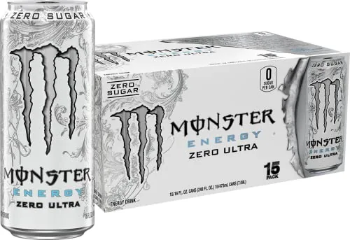Monster Energy Zero Ultra white can standing on a kitchen counter
