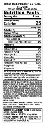 Close view of the Monster Rehab Tea Lemonade label and ingredients