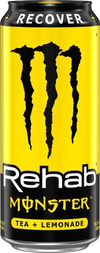 Monster Rehab can next to an energy drink and a bottle of iced tea