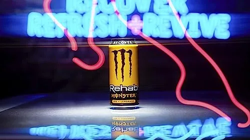 Person reading a book while sipping a Monster Rehab Tea Lemonade outdoors