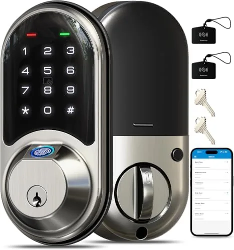 Veise RZ07 smart deadbolt in satin nickel mounted on a front door