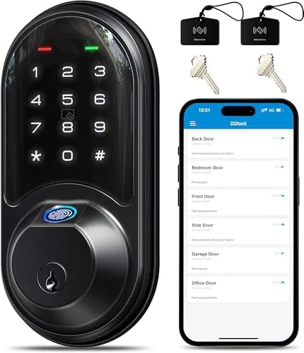 Veise RZ07 matte black smart deadbolt mounted on a dark front door