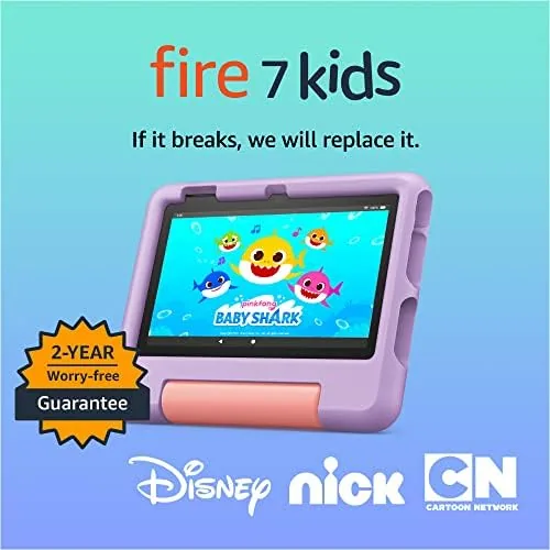 The Amazon Fire 7 Kids tablet in its purple kid-proof bumper case