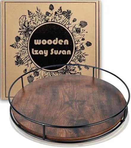 The 12 inch rustic brown wood lazy susan on a kitchen countertop