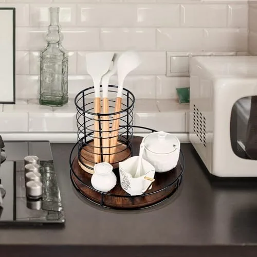 The lazy susan on a pantry shelf with jars in a circle