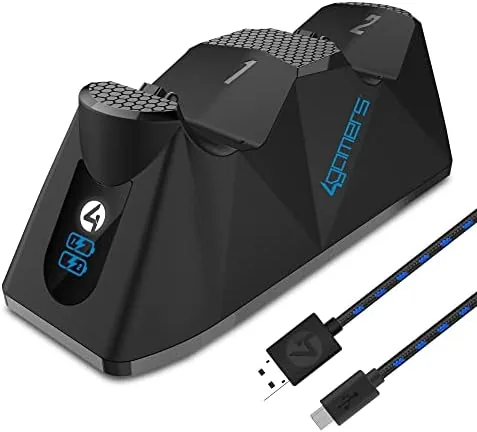 The 4Gamers SP-C100 twin charging dock with two PS4 controllers seated in it