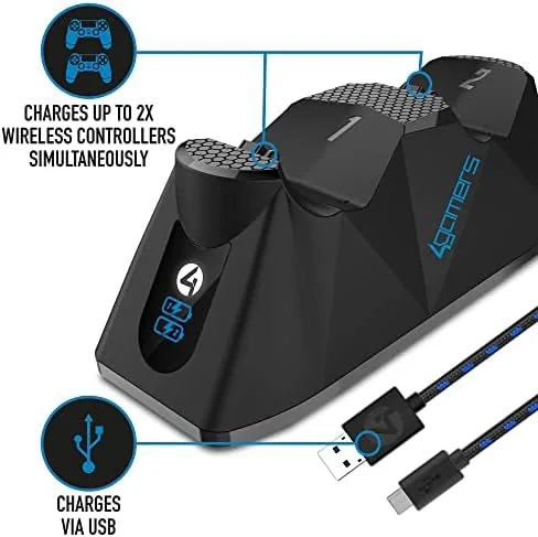 The dock charging two controllers beside a sofa with the cable reaching the console
