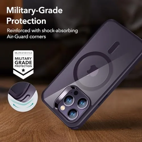Hand holding the iPhone 14 Pro Max in the ESR clear case with a MagSafe wallet attached